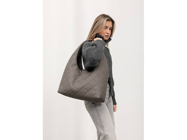 Жіноча сумка Sambag HOBO L сіра строчена - Фото 1