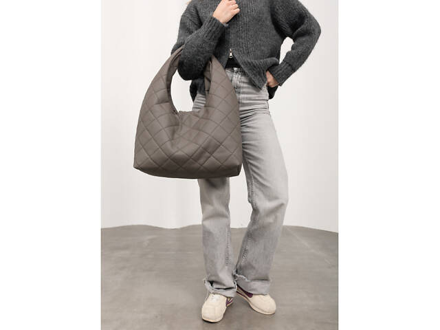 Жіноча сумка Sambag HOBO L сіра строчена - Фото 4