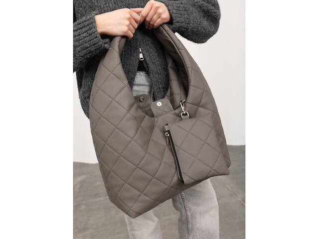 Жіноча сумка Sambag HOBO L сіра строчена - Фото 10