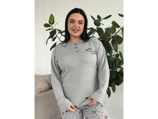 Жіноча тепла сіра піжама із бантиками 3XL - Фото 1