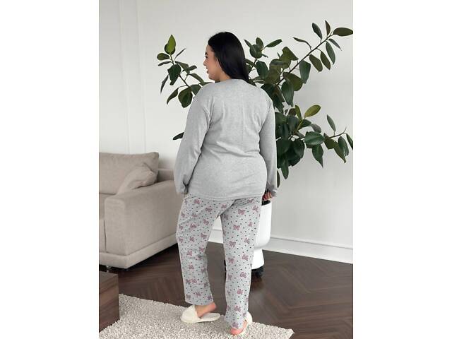Жіноча тепла сіра піжама із бантиками 4XL - Фото 2