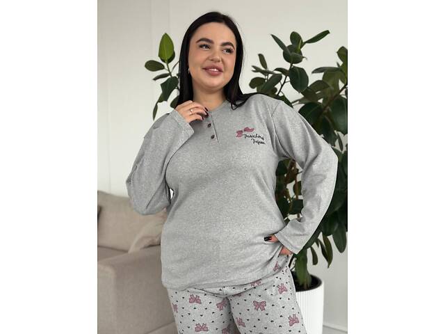 Жіноча тепла сіра піжама із бантиками - Фото 8