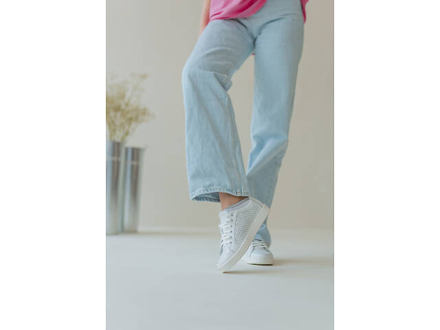 Женскиекроссовки кеды летние кожаные перфорация белые 37 - Фото 4