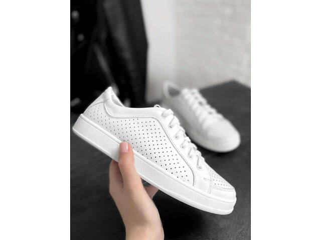 Женскиекроссовки кеды летние кожаные перфорация белые 37 - Фото 5