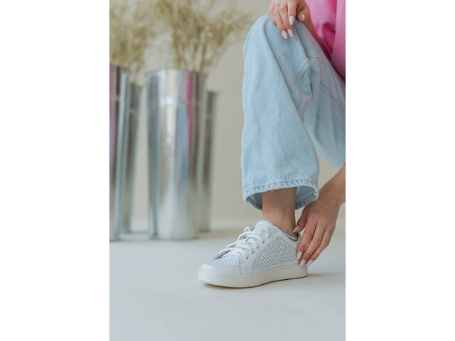 Женскиекроссовки кеды летние кожаные перфорация белые 37 - Фото 6