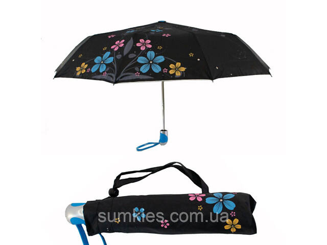 Жіноча парасоля напівавтомат з сріблястим напиленням і квітковим принтом від Max, синя ручка, 124-4 - Фото 1