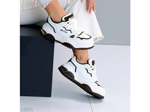 Женские белые кроссовки Nora эко-кожа, белый + шоколад 37,40р код 23931 - Фото 1