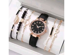 Жіночий годинник Cadvan з ремінцем з екошкіри + 5 браслетів Чорний