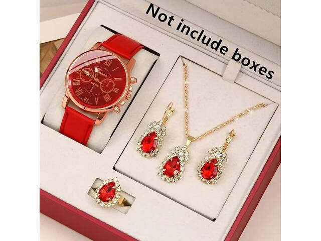 Женские часы Geneva с белым ремешком из экокожи + набор бижутерии Красный - Фото 1