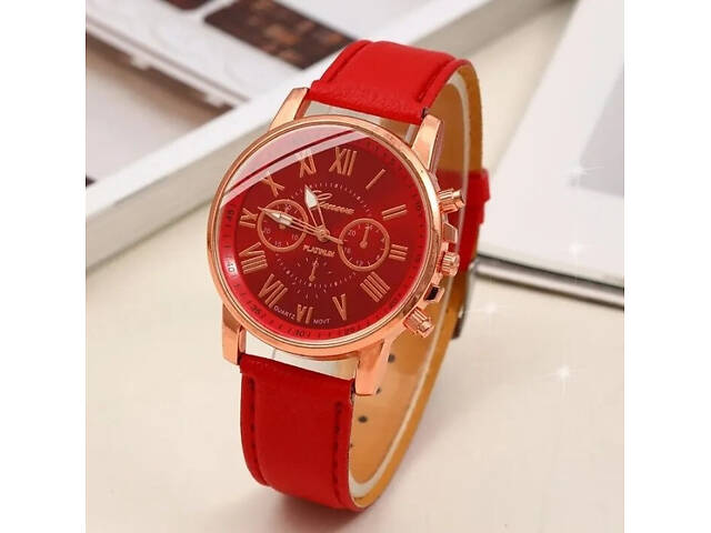 Женские часы Geneva с белым ремешком из экокожи + набор бижутерии Красный - Фото 3