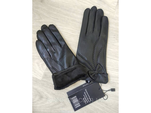 Женские кожаные перчатки подкладка махра black - Фото 1