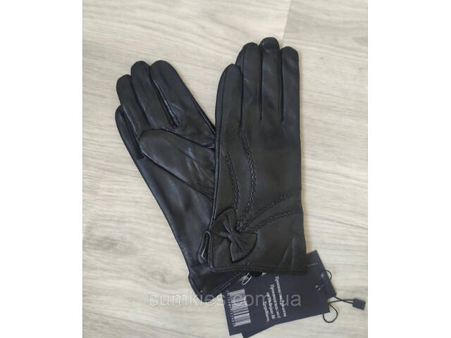 Женские кожаные перчатки подкладка махра black - Фото 2