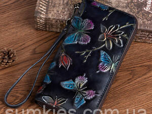 Жіночий шкіряний гаманець із метеликами з натуральної шкіри, Портмоне жіноче з тисненням метелика Чорний