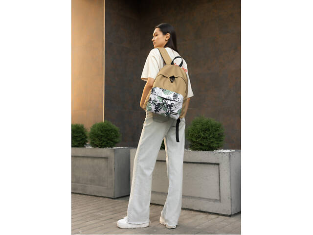 Жіночий рюкзак Sambag Active пісочний тканевий з принтом 'monstera' - Фото 2