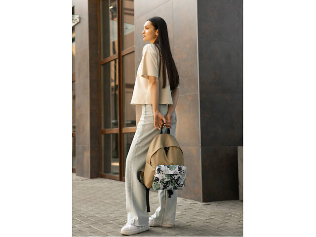 Жіночий рюкзак Sambag Active пісочний тканевий з принтом 'monstera' - Фото 4