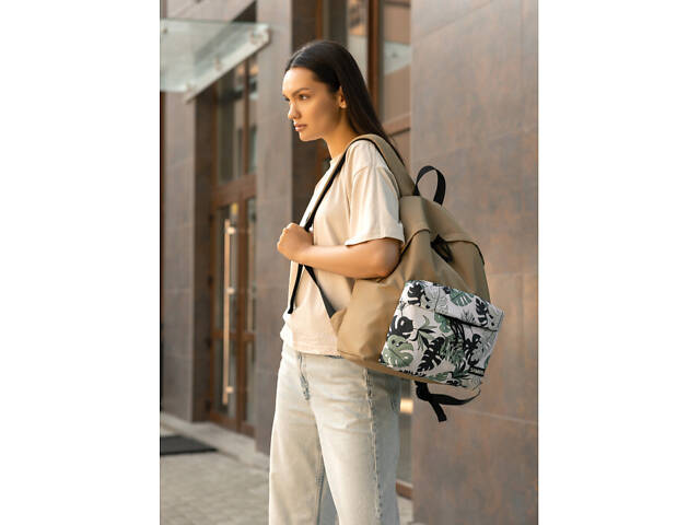 Жіночий рюкзак Sambag Active пісочний тканевий з принтом 'monstera' - Фото 6
