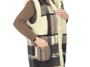 Жилетка жіноча двостороння довга з капюшоном з овчини у велику клітинку S-6XL 6XL