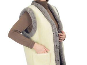 Жилетка жіноча тепла двостороння з овчини бежева з сірим S-6XL 4XL