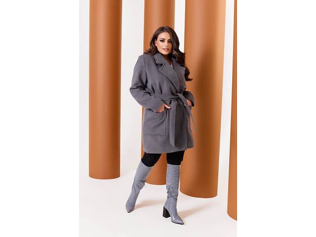 Жіноче пальто із кашеміру на підкладці з поясом сірий - Фото 1