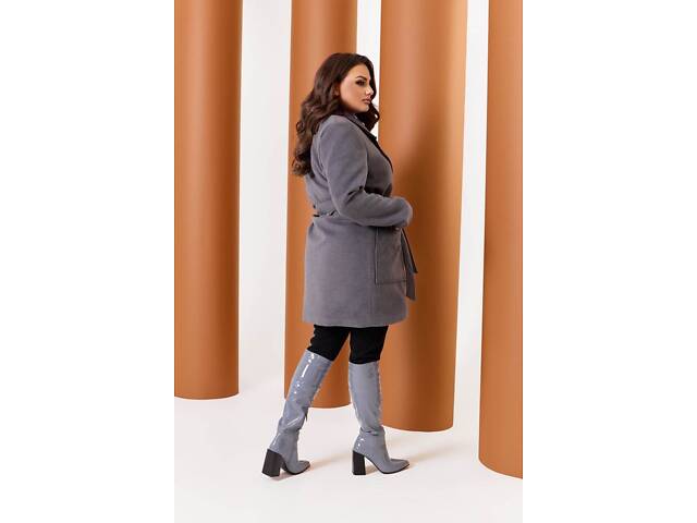 Жіноче пальто із кашеміру на підкладці з поясом сірий - Фото 2