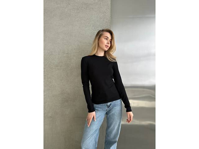 Женский лонгслив в рубчик цвет черный. - Фото 1