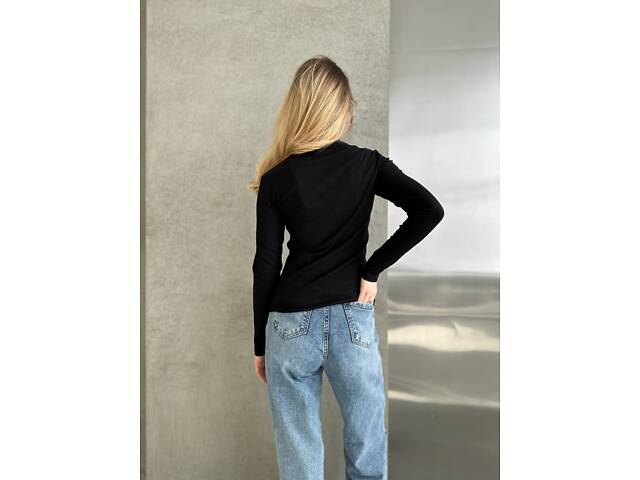 Женский лонгслив в рубчик цвет черный. - Фото 2