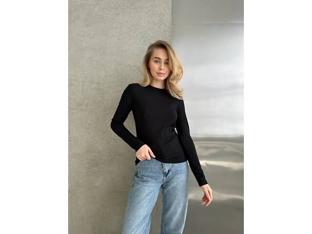 Женский лонгслив в рубчик цвет черный. - Фото 6