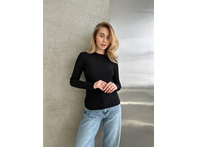 Женский лонгслив в рубчик цвет черный. - Фото 7
