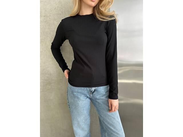 Женский лонгслив в рубчик цвет черный. - Фото 8