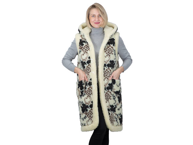 Жилетка жіноча двостороння довга з капюшоном із овчини з візерунком 'Виноград' S-6XL - Фото 1