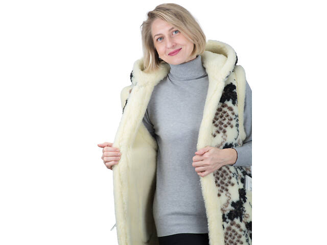 Жилетка жіноча двостороння довга з капюшоном із овчини з візерунком 'Виноград' S-6XL - Фото 8