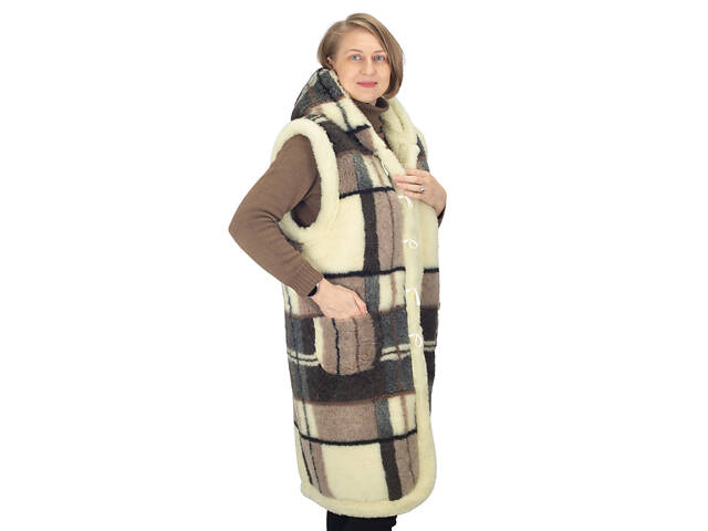 Жилетка жіноча двостороння довга з капюшоном з овчини у велику клітинку S-6XL L - Фото 1