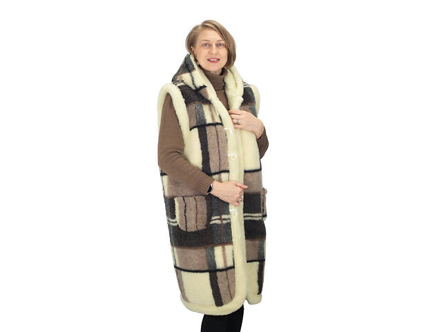 Жилетка жіноча двостороння довга з капюшоном з овчини у велику клітинку S-6XL L - Фото 2