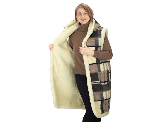 Жилетка жіноча двостороння довга з капюшоном з овчини у велику клітинку S-6XL L - Фото 6