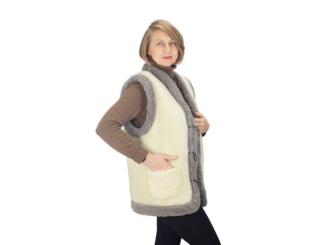 Жилетка жіноча тепла двостороння з овчини бежева з сірим S-6XL M - Фото 4