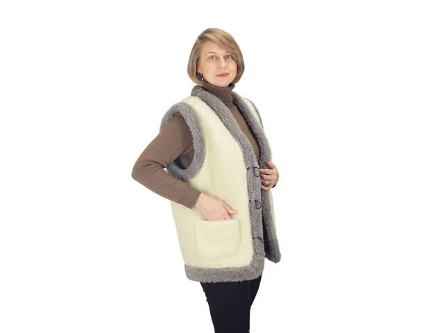 Жилетка жіноча тепла двостороння з овчини бежева з сірим S-6XL M - Фото 1
