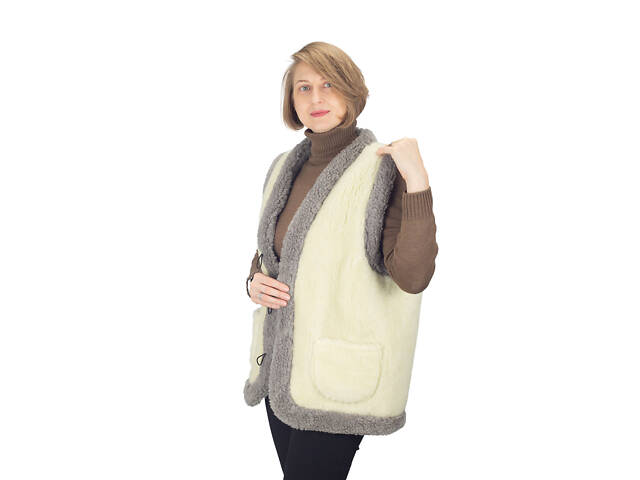 Жилетка жіноча тепла двостороння з овчини бежева з сірим S-6XL M - Фото 3