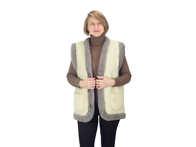 Жилетка жіноча тепла двостороння з овчини бежева з сірим S-6XL M - Фото 2