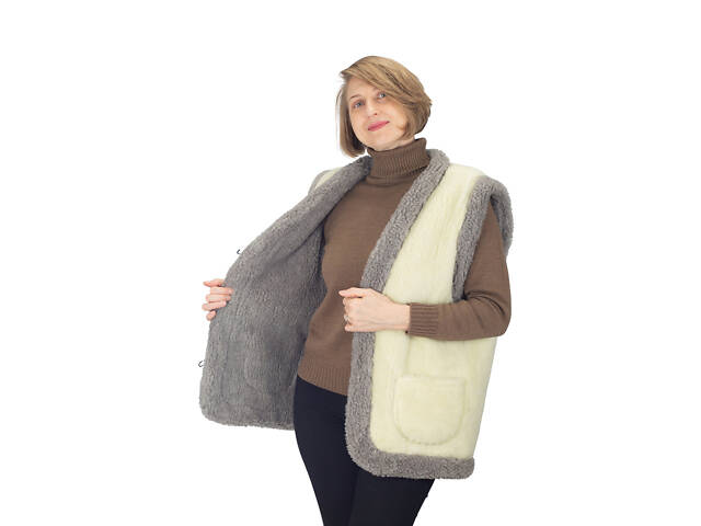 Жилетка жіноча тепла двостороння з овчини бежева з сірим S-6XL M - Фото 6