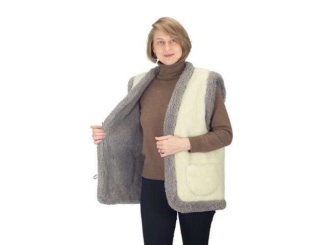 Жилетка жіноча тепла двостороння з овчини бежева з сірим S-6XL M - Фото 5