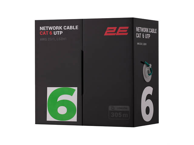 Кабель 2E CAT 6, U-UTP, 305м, AWG 23/1, LSZH-1, зелений (2E-CBL6EUTP-LSZH1-GRN) - Фото 1