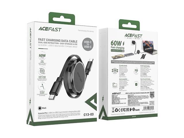 Кабель ACEFAST C13-03 USB-C to USB-C подвійне витягування зарядний дата-кабель Black yL. - Фото 2