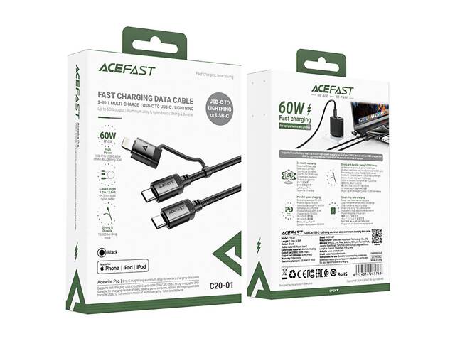Кабель ACEFAST C20-01 USB-C to USB-C / Lightning aluminum alloy connectors charging data cable Black yL. - Фото 5