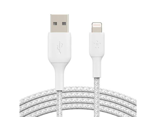 Кабель Belkin USB-A - Lightning, BRAIDED, 1 м, білий (CAA002BT1MWH) - Фото 1