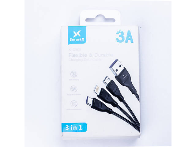 Кабель SmartX 3-in-1 Charging Data Cable USB-A to microUSB/USB-C/Lightning кабель для зарядки 3 в 1 - Фото 6