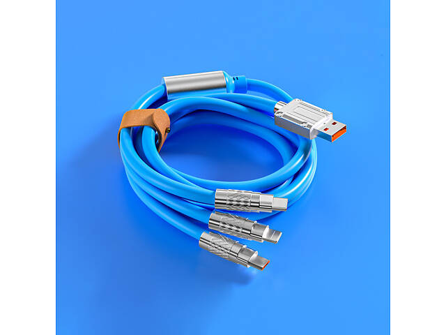 Кабель-тройник для быстрой зарядки Type-C/Lightning(IPhone)/Micro-usb 120w 6A (120 см) голубой, USB 3в1 - Фото 2