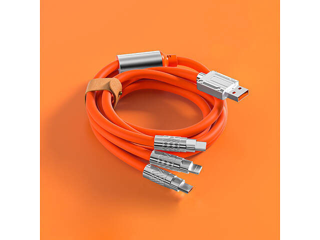 Кабель-тройник для быстрой зарядки Type-C/Lightning(IPhone)/Micro-usb 120w 6A (120 см) оранжевый, USB 3в1 - Фото 2
