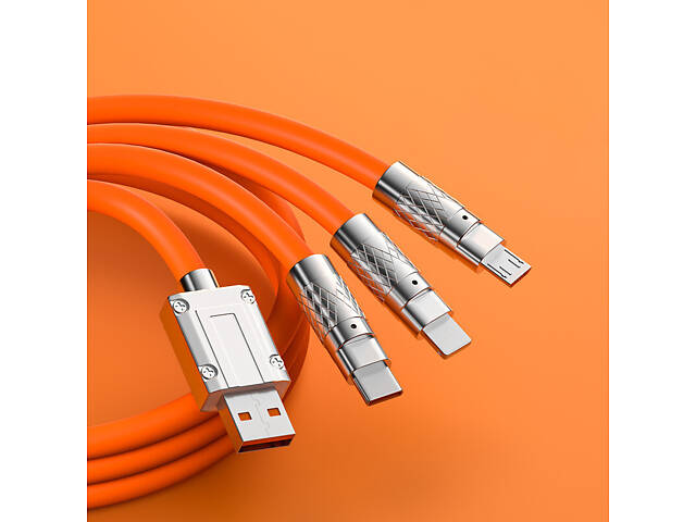 Кабель-тройник для быстрой зарядки Type-C/Lightning(IPhone)/Micro-usb 120w 6A (120 см) оранжевый, USB 3в1 - Фото 3