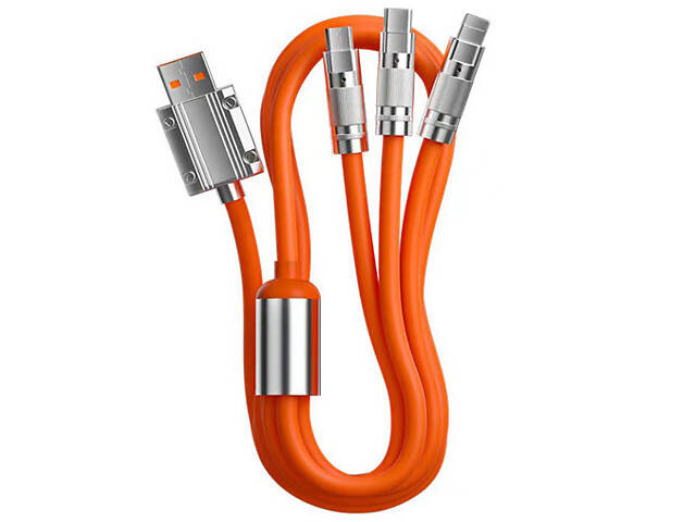 Кабель-тройник для быстрой зарядки Type-C/Lightning(IPhone)/Micro-usb 120w 6A (120 см) оранжевый, USB 3в1 - Фото 4