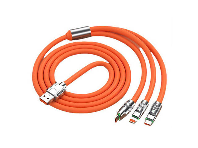 Кабель-тройник для быстрой зарядки Type-C/Lightning(IPhone)/Micro-usb 120w 6A (120 см) оранжевый, USB 3в1 - Фото 5